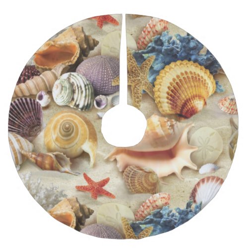 Sea shells on beach brushed polyester tree skirt