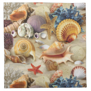 Sea shells on beach cloth napkin