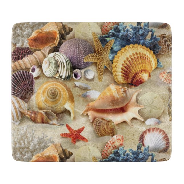 Sea shells on beach cutting board (Front)