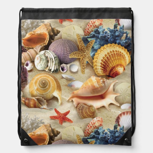 Sea shells on beach drawstring bag (Front)