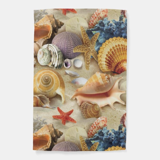 Sea shells on beach garden flag (Front)