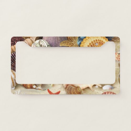 Sea shells on beach license plate frame