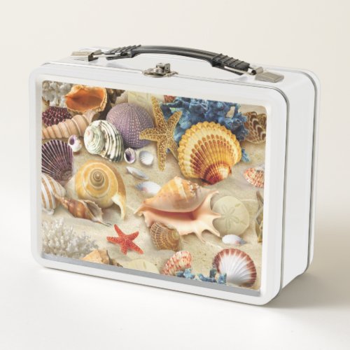 Sea shells on beach metal lunch box