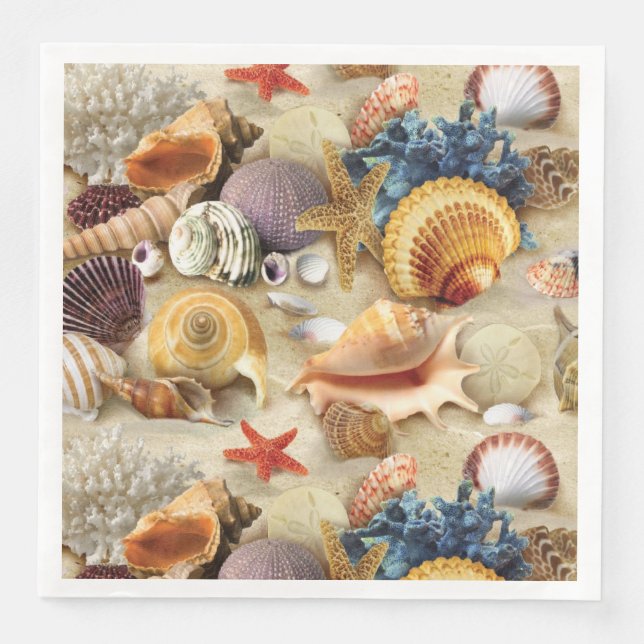 Sea shells on beach paper dinner napkins (Front)