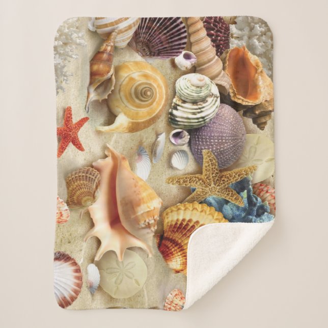 Sea shells on beach sherpa blanket (Front)