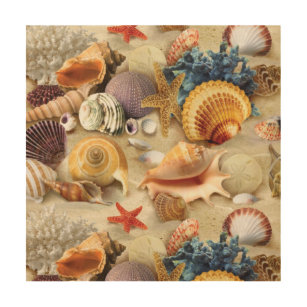 Sea shells on beach wood wall art