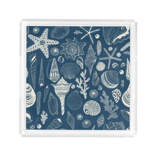 Sea shells on  dark blue acrylic tray (Front)