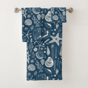 Sea shells on dark blue bath towel set