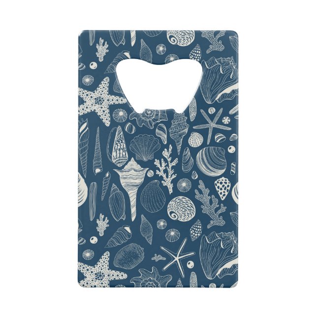 Sea shells on  dark blue credit card bottle opener (Front)