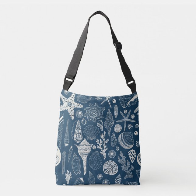 Sea shells on  dark blue crossbody bag (Front)