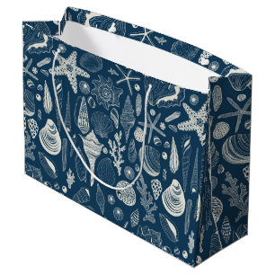 Sea shells on dark blue large gift bag