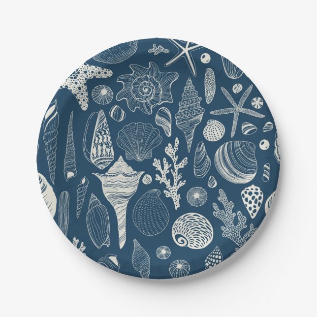 Sea shells on  dark blue paper plates (Front)