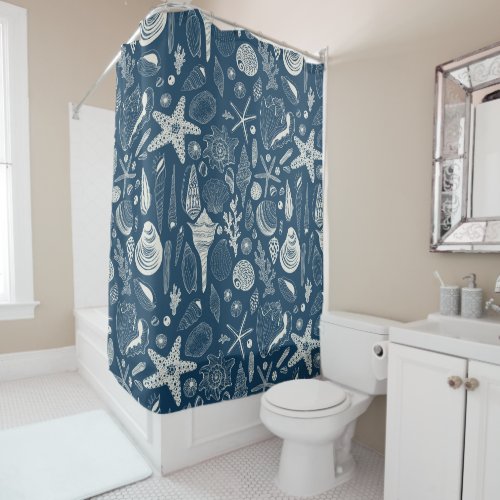 Sea shells on  dark blue shower curtain