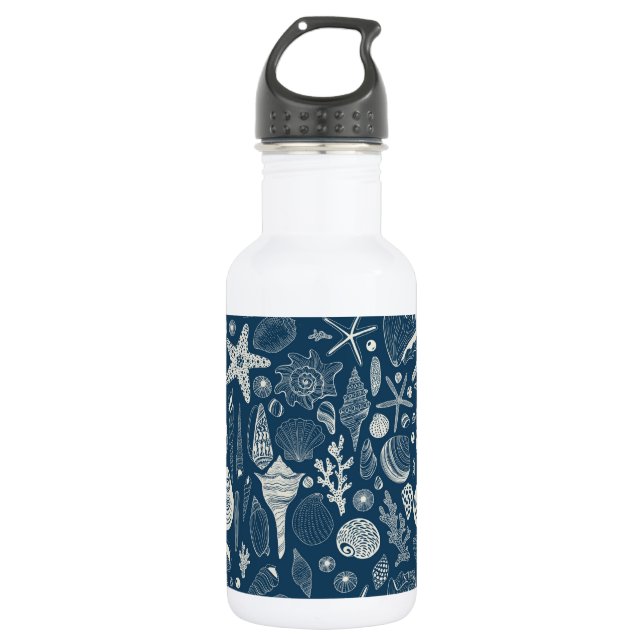 Sea shells on  dark blue stainless steel water bottle (Front)