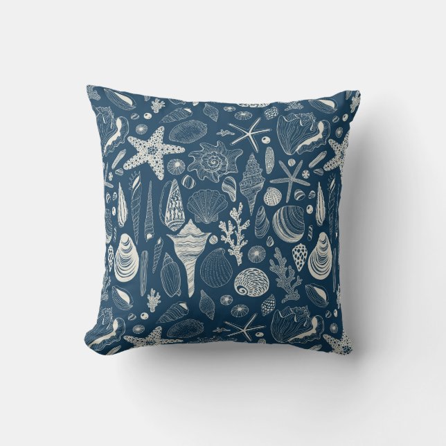Sea shells on  dark blue throw pillow (Front)
