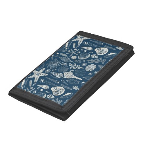 Sea shells on  dark blue trifold wallet