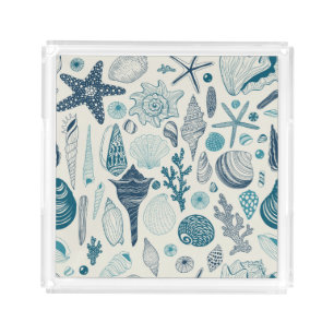 Sea shells on off white acrylic tray