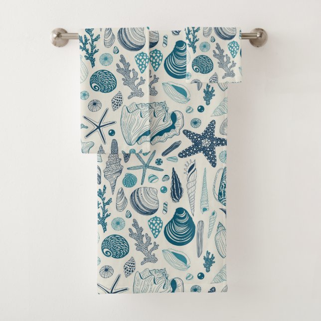 Sea shells on  off white bath towel set (Insitu)