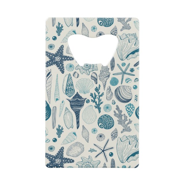 Sea shells on  off white credit card bottle opener (Front)