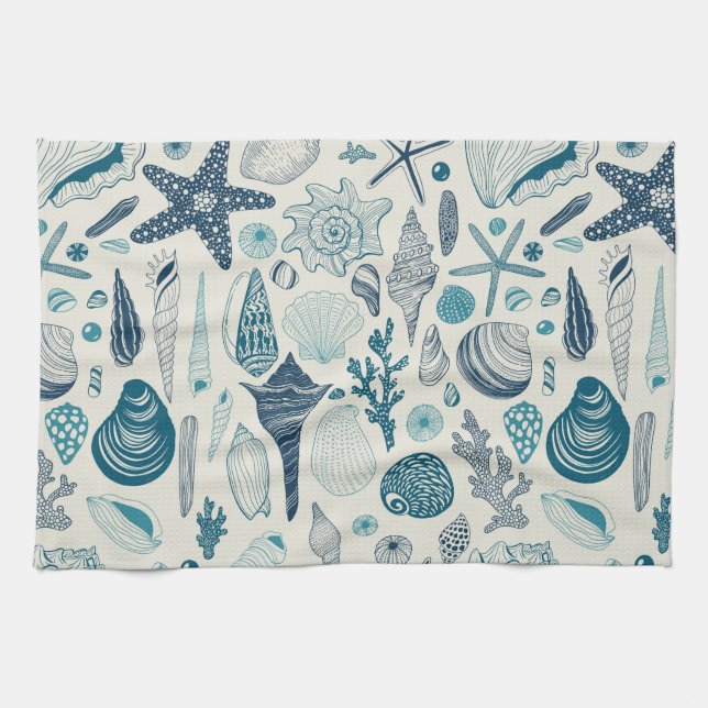 Sea shells on  off white kitchen towel (Horizontal)