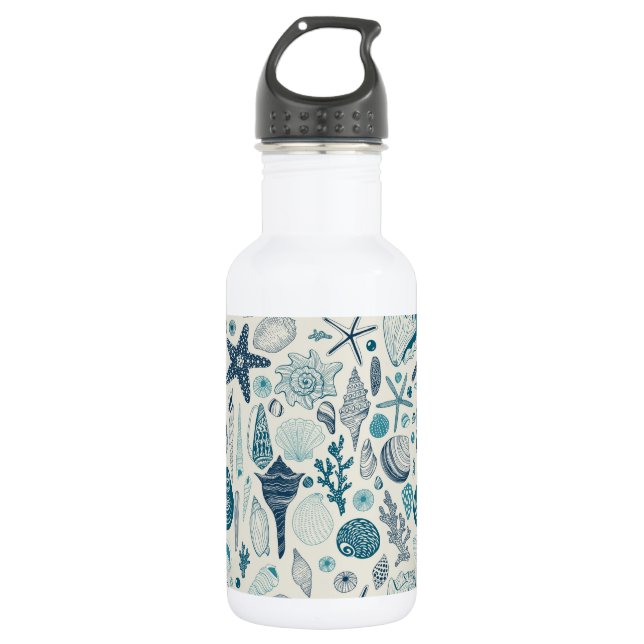 Sea shells on  off white stainless steel water bottle (Front)