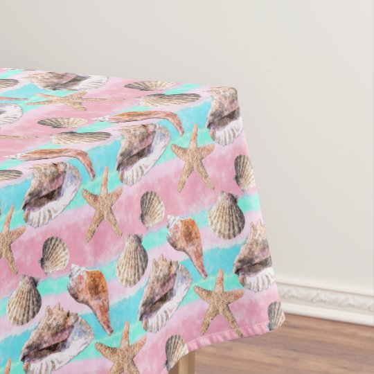 sea shells pink and turquoise watercolor tablecloth zazzle com