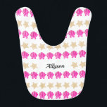 Sea Shells & Starfish, Black Script Name/Monogram Baby Bib<br><div class="desc">Personalize black script name,  monogram or message with pink sea shells and gold starfish on white background.</div>