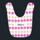 Sea Shells & Starfish, Black Script Name/Monogram Baby Bib<br><div class="desc">Personalize black script name,  monogram or message with pink sea shells and gold starfish on white background.</div>