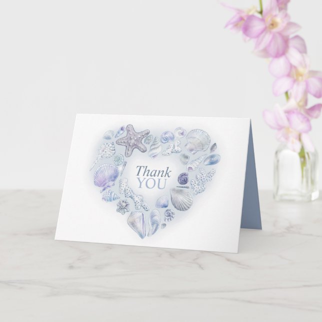 Sea shells watercolor blue inside photo thank you card (Orchid)