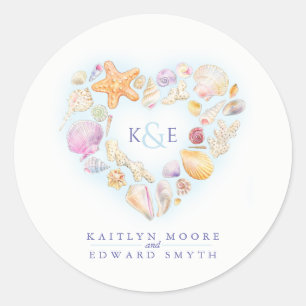 Sea shells watercolor heart beach blue classic round sticker