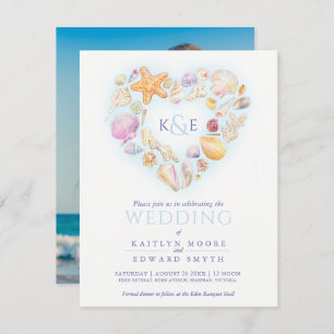 Sea shells watercolor heart beach blue invitation