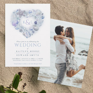 Sea shells watercolor heart beach blue invitation
