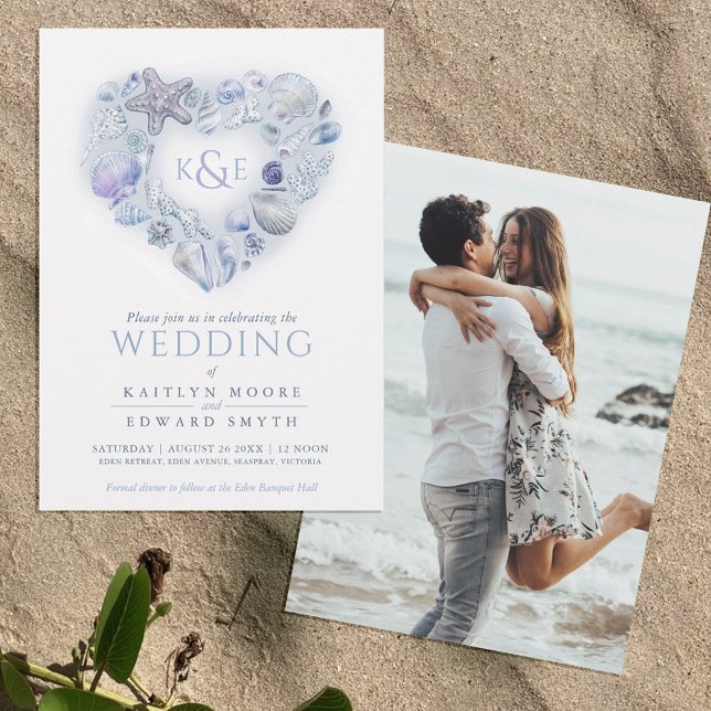 Sea shells watercolor heart beach blue invitation (Creator Uploaded)