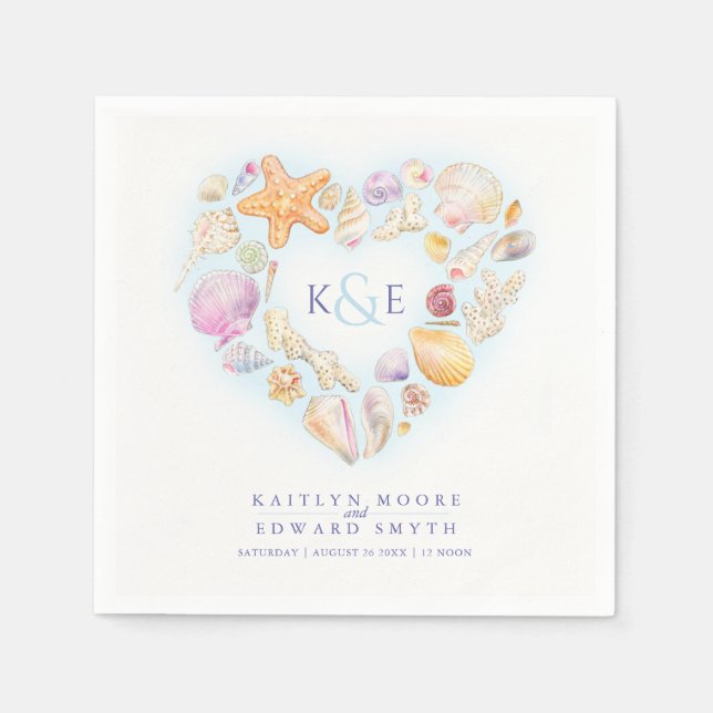 Sea shells watercolor heart beach blue napkins (Front)