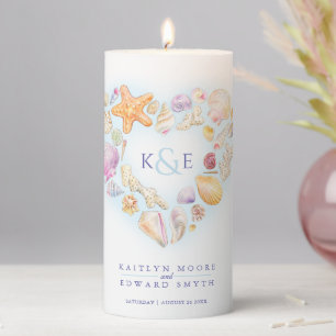 Sea shells watercolor heart beach blue pillar candle