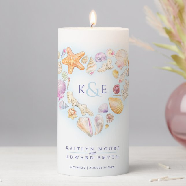 Sea shells watercolor heart beach blue  pillar candle (In Situ)