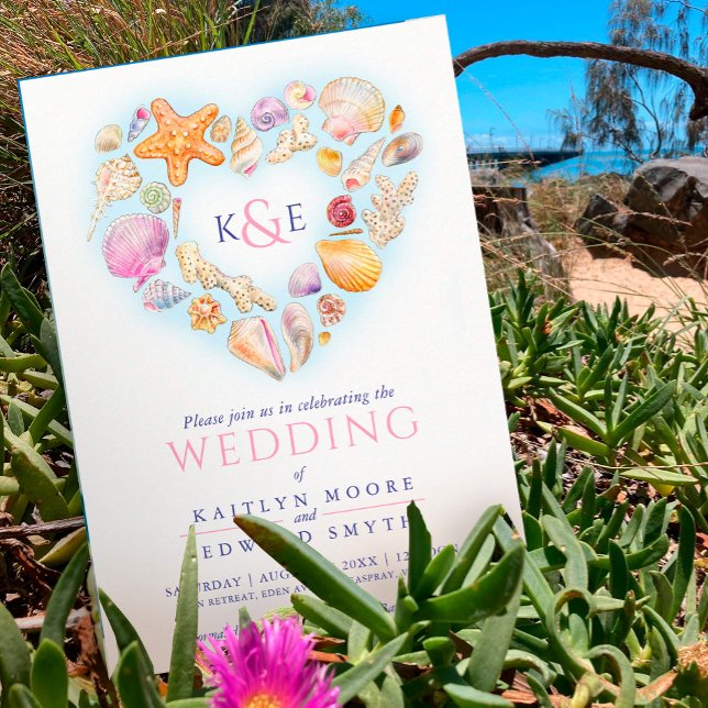 Sea shells watercolor heart beach wedding pink invitation (Creator Uploaded)