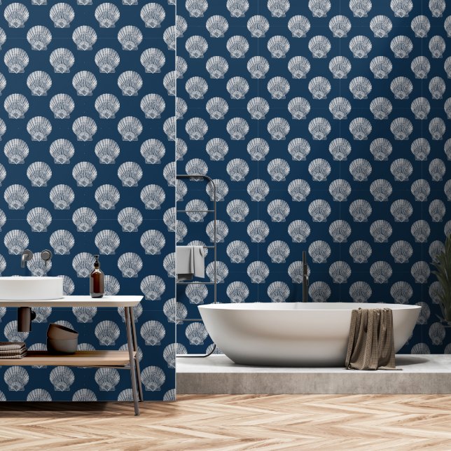 Sea Shells White on Dark Blue Beach Wallpaper Wallpaper (Bathroom)