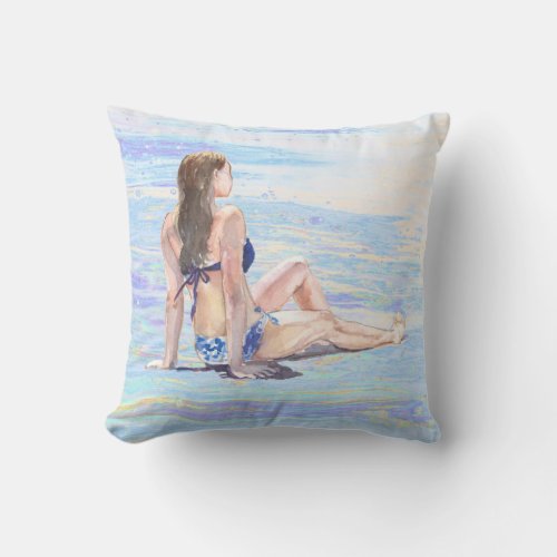  Sea Shore Beach Woman Beach AR29 Throw Pillow