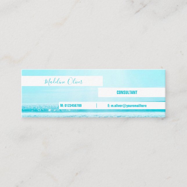 Sea Side Ocean Blue Beach White Modern Mini Business Card (Front)