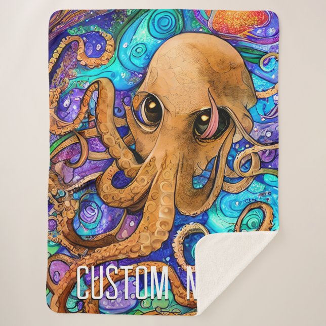 Sea Squid with Personalized Name Sherpa Blanket (Front)
