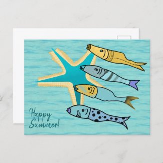 Sea Star and Fish on Teal Ocean Postcard