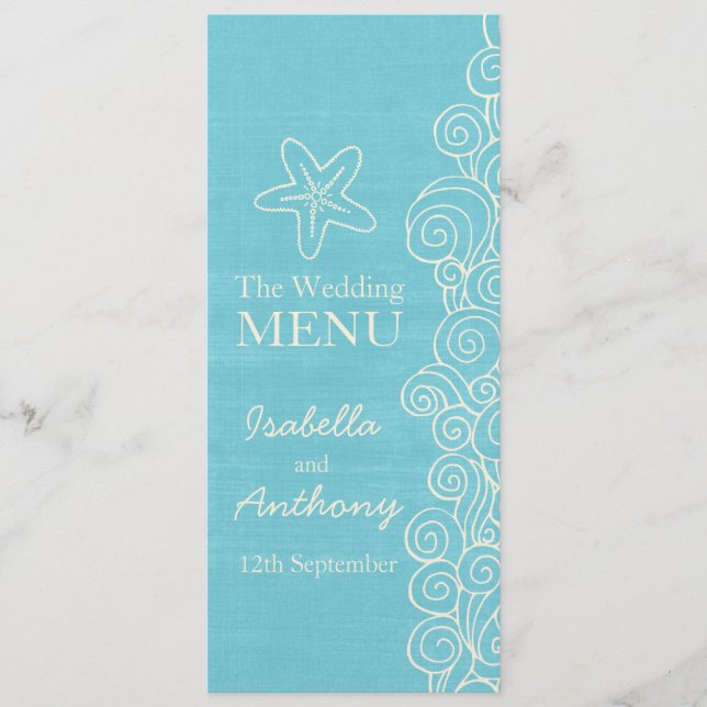 Sea star blue & cream wedding dinner menu (Front)