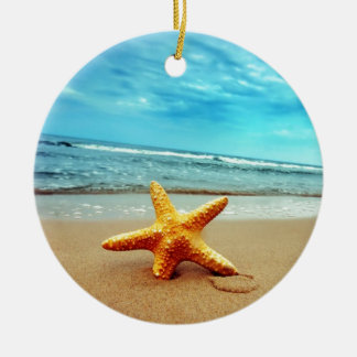 Sea Star On The Beach, Blue Sky, Ocean Ceramic Ornament