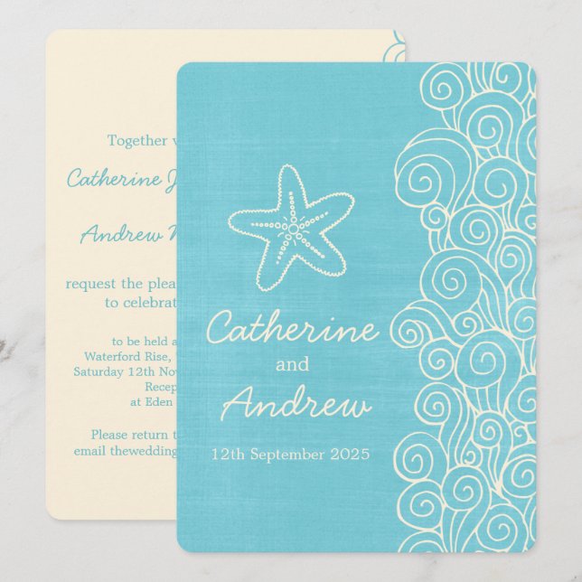 Sea star swirl blue cream beach wedding invitation (Front/Back)