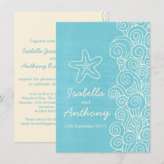 Sea star & swirls blue & cream wedding invitation