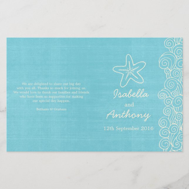 Sea star & swirls blue cream wedding programs (Front)