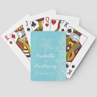Sea star & swirls blue wedding name playing cards