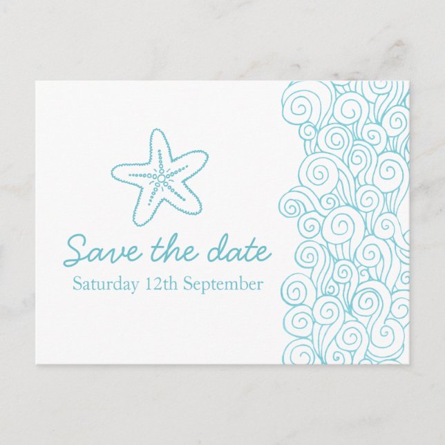 Sea star & swirls blue & white save the date card (Front)