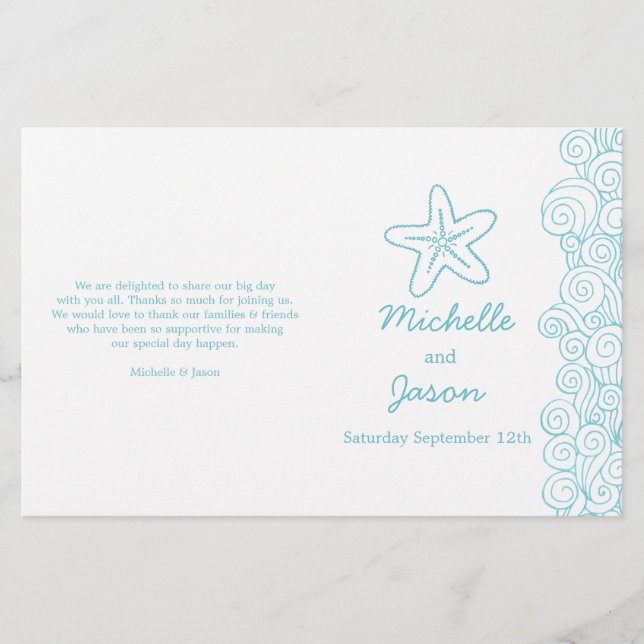Sea star & swirls blue white wedding programs (Front)